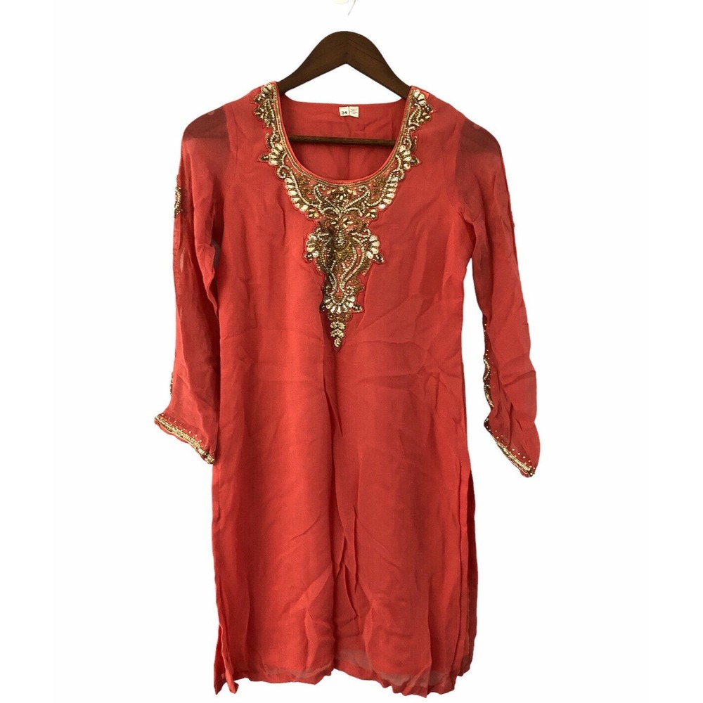 Indian Tunic Long Women Dress Coral Orange Size 34 Embellished Rhinestones
